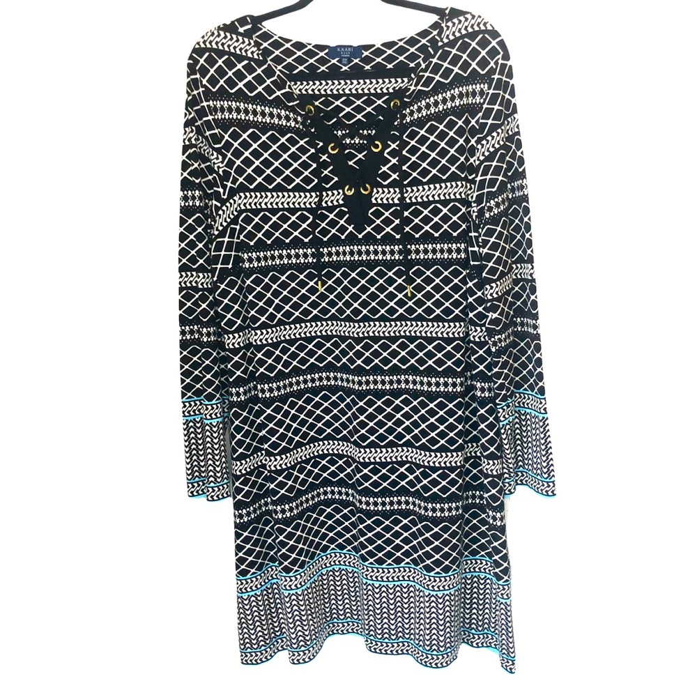 Kaari Dress Blue Black White Mix Print Flattering Knit Longsleeve Laceup 1X